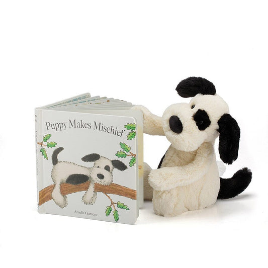 Puppy Makes Mischief Book & Bashful Black & Cream Puppy Medium